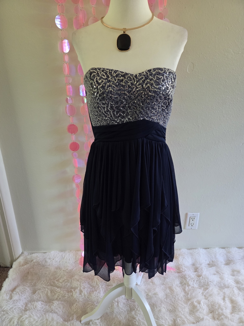 Sequin Hearts Strapless Sequin Bodice Navy Party Dress
